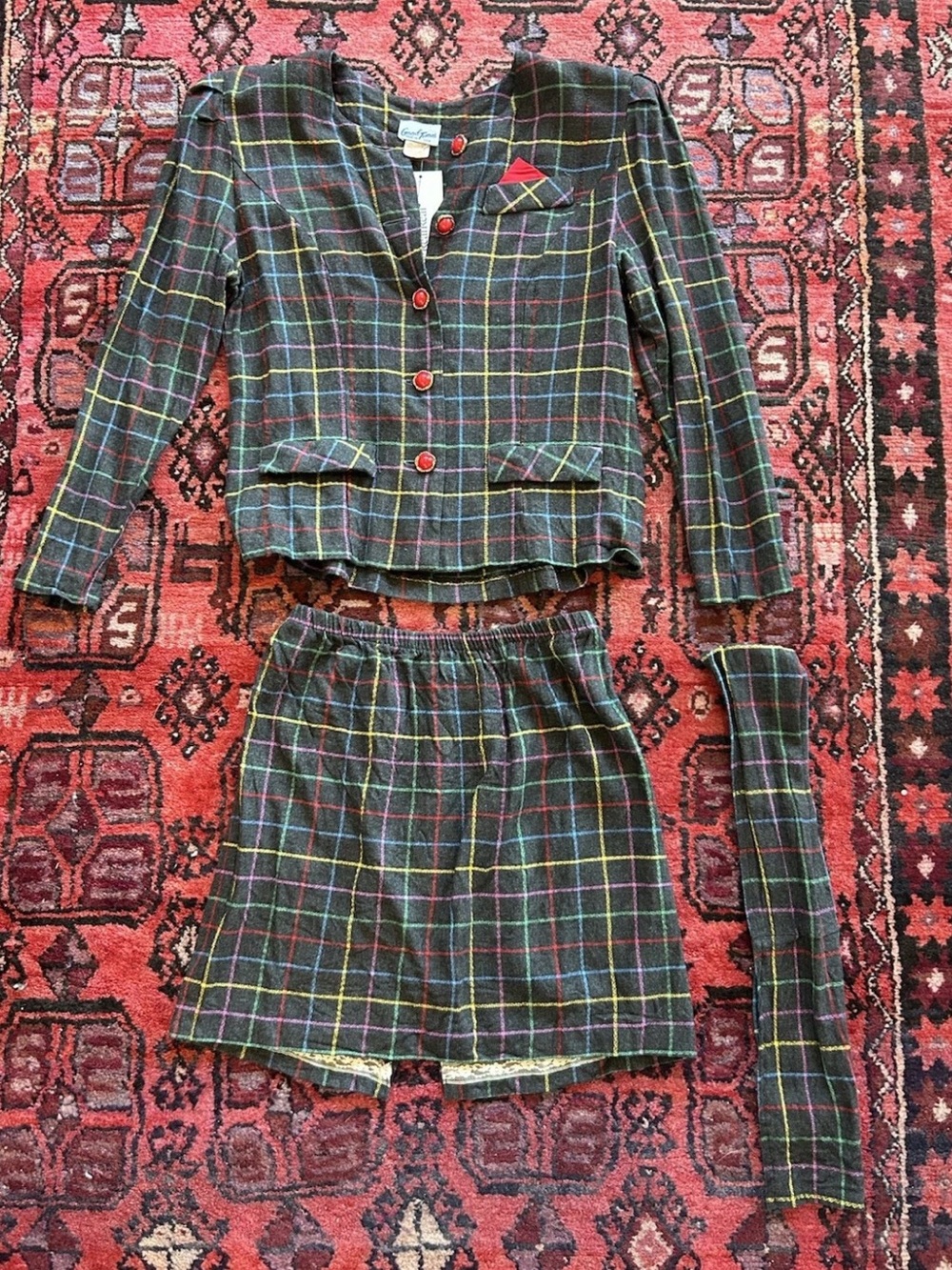 Vintage Good Times USA Plaid 3 Pc Skirt Suit Set 8P Belt 80s 90s